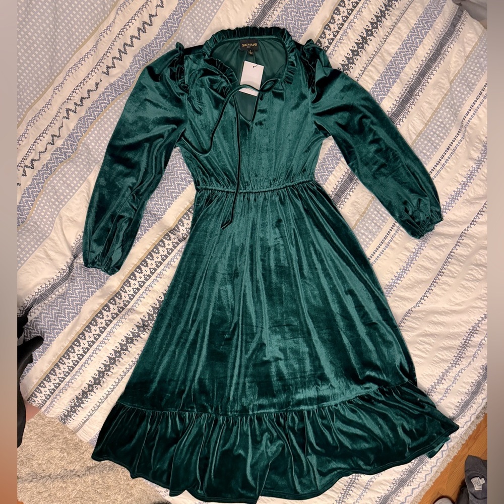 Sugarlips velvet green midi dress with puffed sleeves and ruffled shoulders